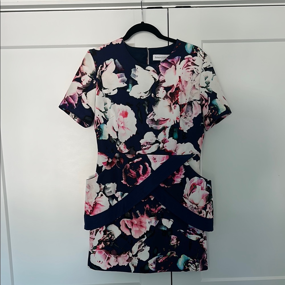 Finders Keepers Blue and Pink Floral Mini Dress with Boxy Peplum Style Size L